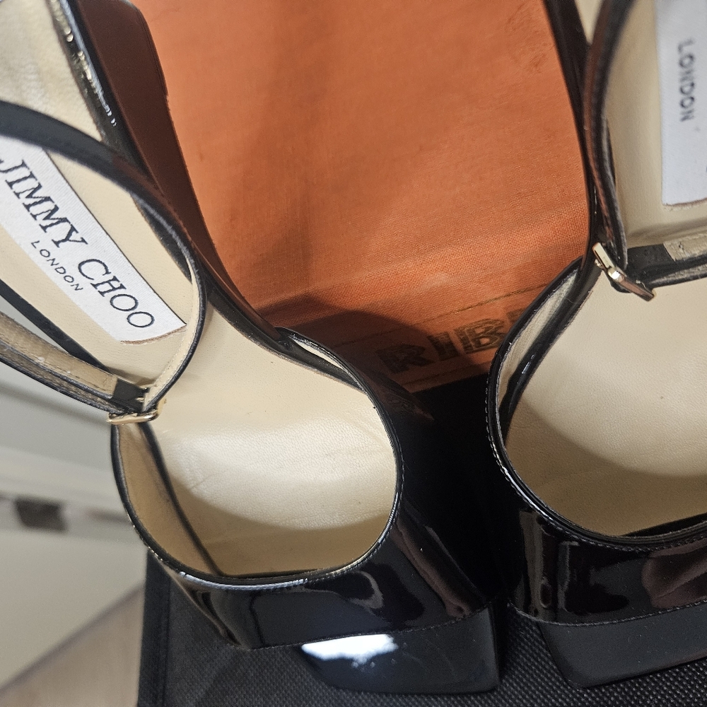 Jimmy Choo Size 38 EU 8US Brien 85 Black Patent Leather Wedge Sandals - Picture 6 of 9